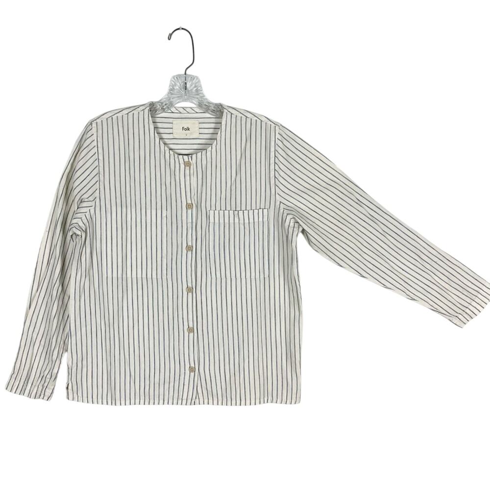 nwot FOLK Top Women 2~S Linen Cotton Stripe White Blue Pockets Slit Button-Up